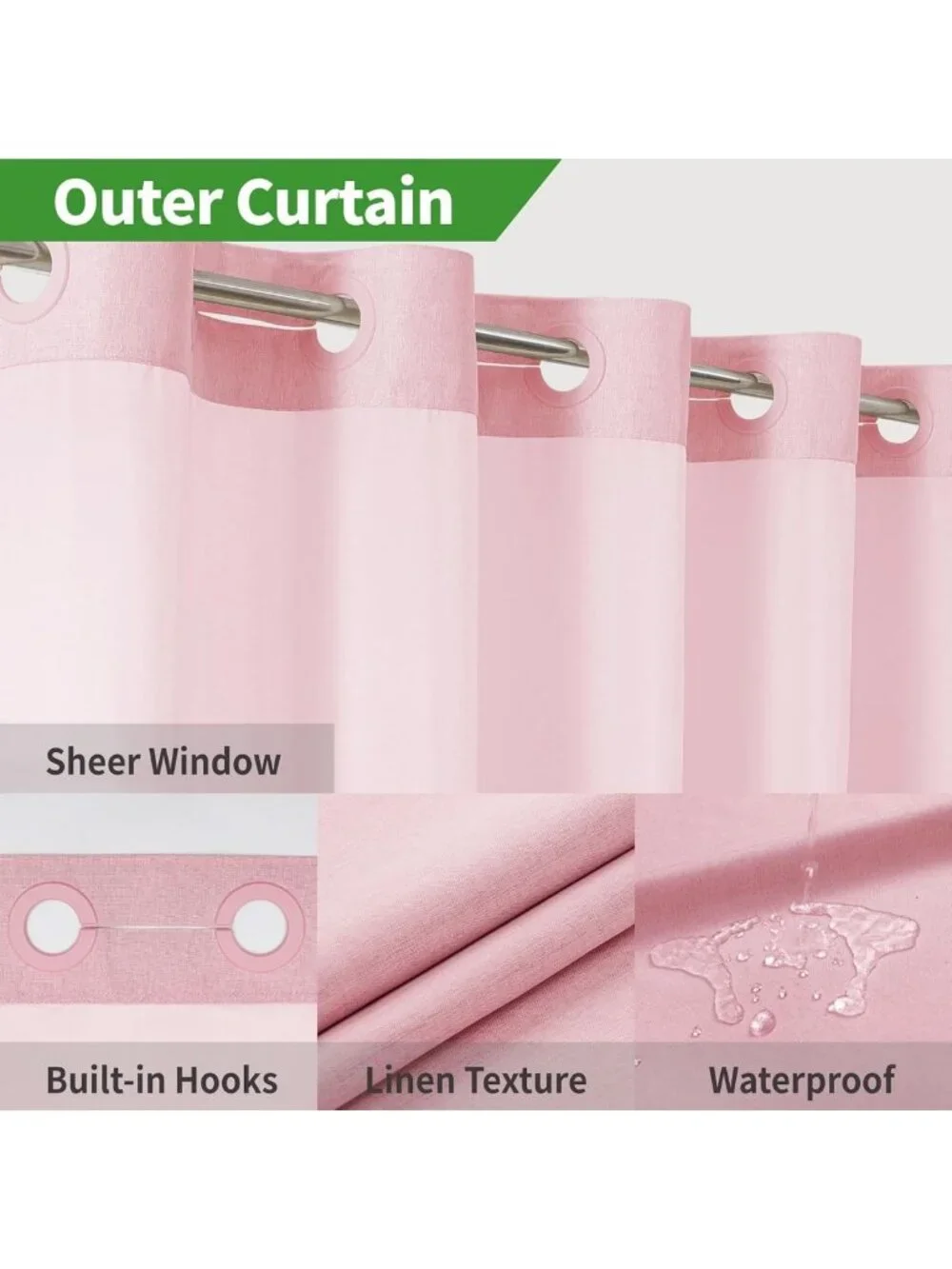 Linen Texture Shower Curtain with Snap-in Liner, 71x74, Pink - No Hook Design